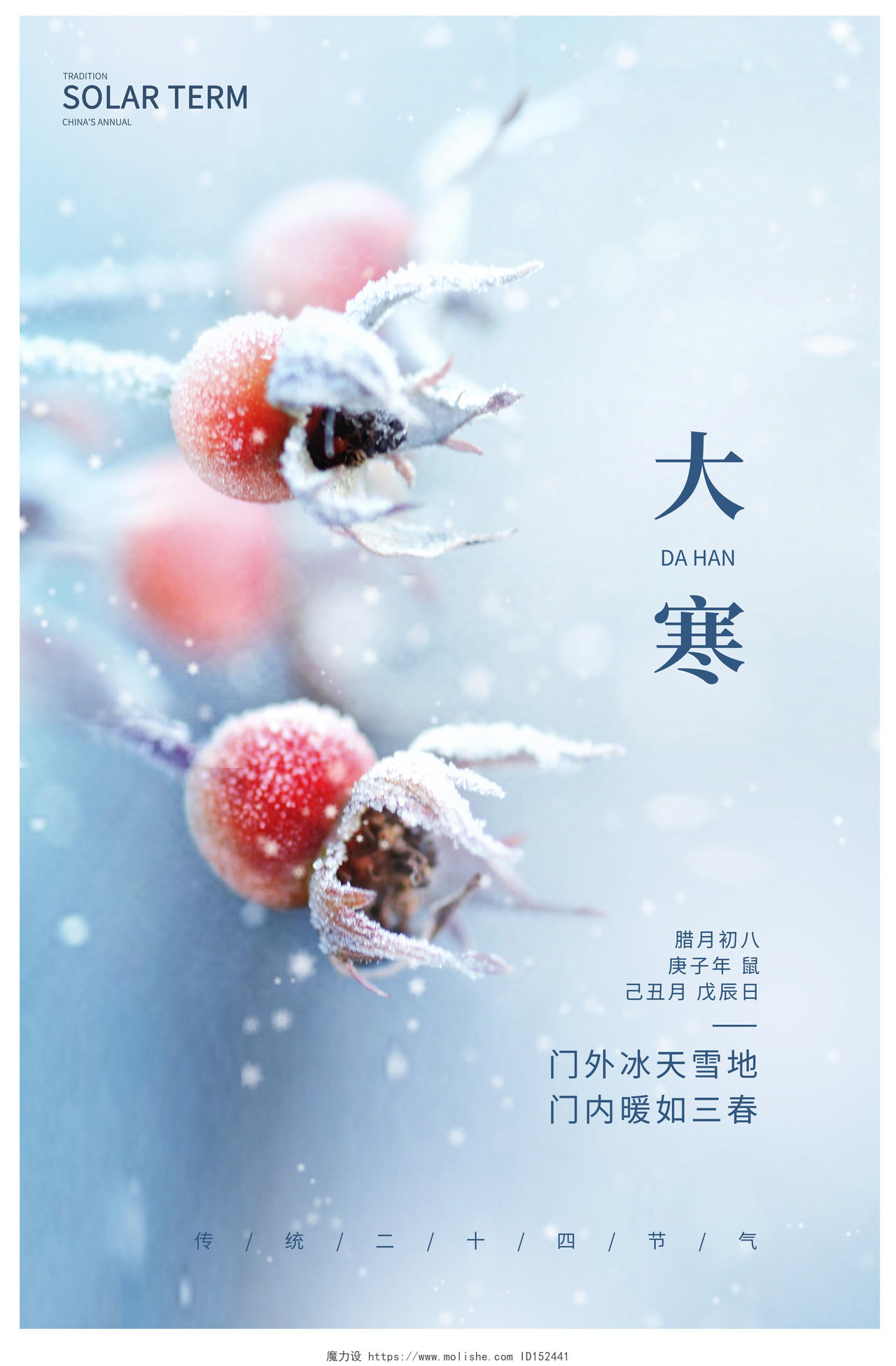蓝色大气传统二十四节气大寒宣传海报设计大寒海报